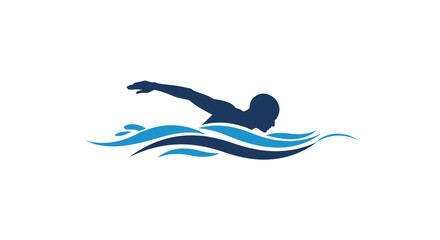 Silhouette of a Swimmer in Freestyle Stroke with Blue Water Waves Illustration