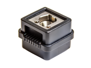 A black camera flash bracket mount with a metal shoe adapter isolated on transparent background