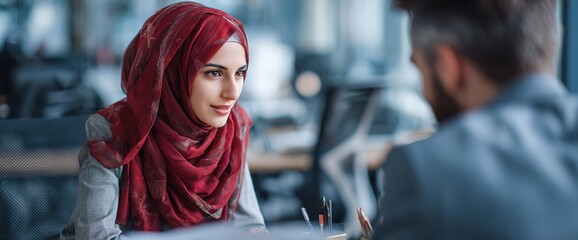 Businesswoman in hijab making financial consultation for client in office. Professional business people muslim woman and man working together as team at desk. Over shoulder view. Banner, copy space
