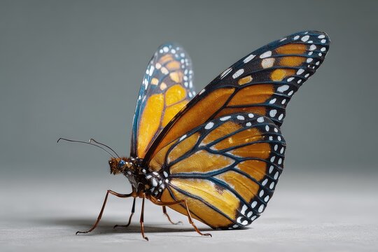 Digital render showcasing the intricate details of a monarch butterfly resting gently on a smooth surface with an emphasis on its vibrant colors and delicate wings