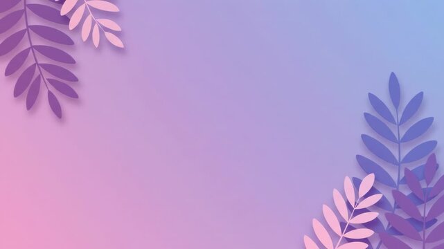 A gradient background shifts from pink to blue, accented by stylized paper-cut leaves in lavender and rose hues in corners
