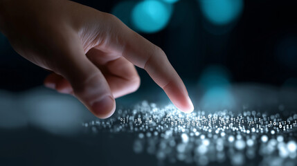 Human finger gently interacting with a digital surface emitting light particles in a futuristic setting.
