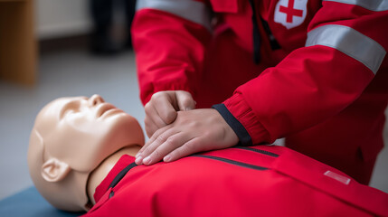 CPR training dummy being held by a person in red uniform during a first aid practice session.
