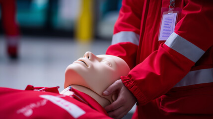 CPR training dummy being held by a person in red uniform during a first aid practice session.