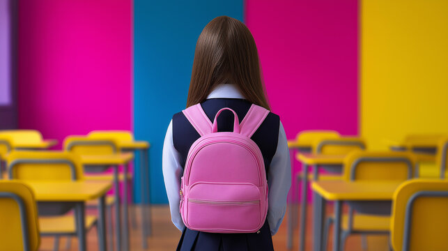 A young student girl with a pink backpack standing alone in a brightly colored empty classroom.
- Powered by Adobe