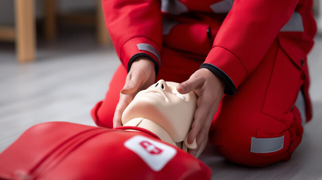 CPR training dummy being held by a person in red uniform during a first aid practice session.