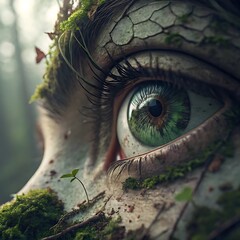 A close-up of a human eye with a forest reflected in the pupil. The image evokes a sense of nature and wonder.