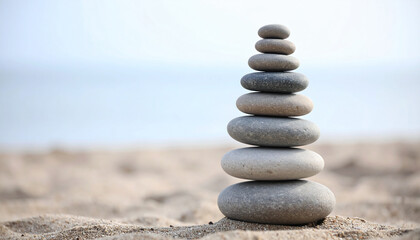 Stack of pebbles on the sandy beach.