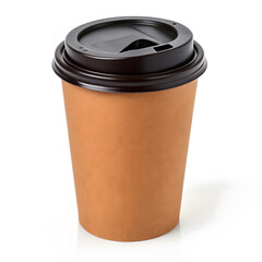 Brown Disposable Coffee Cup with Black Lid on White Background