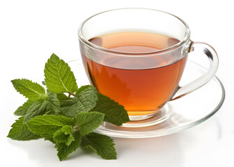 Glass Cup of Herbal Mint Tea with Fresh Leaves