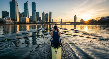 Back view Synchronized Rowing Team on Calm River with City Background