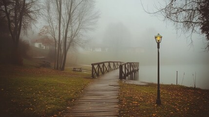 Misty autumn park with wooden bridge over a lake