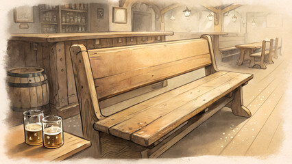 Weathered wooden beer hall bench with faint stains in warm honey tones  