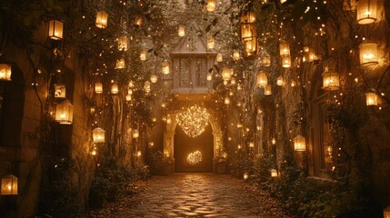 Magical pathway lined with lanterns