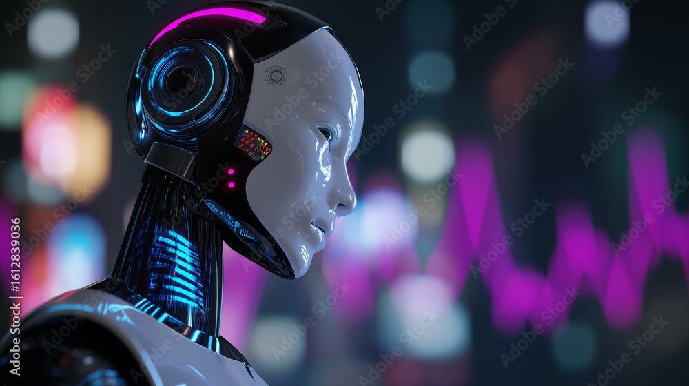 Aufkleber futuristic humanoid robot with glowing neon details standing against digital charts and abstract dat