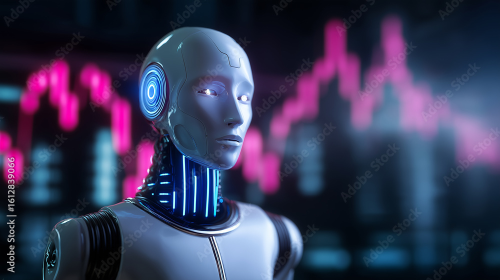 Poster futuristic humanoid robot with glowing neon details standing against digital charts and abstract dat