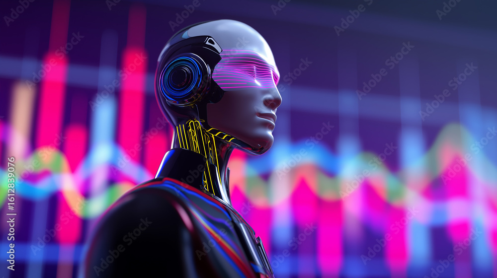 Poster futuristic humanoid robot with glowing neon details standing against digital charts and abstract dat
