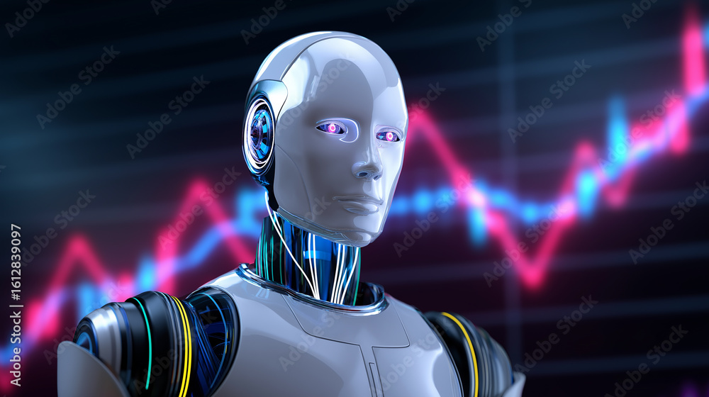 Poster futuristic humanoid robot with glowing neon details standing against digital charts and abstract dat