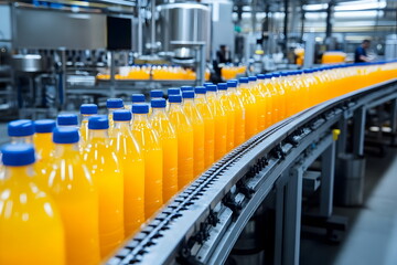 Fototapeta premium Bottled Orange Juice Production Line Automation Quality Control Efficiency