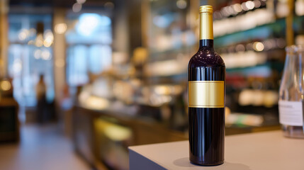 Elegant bottle of red wine with blank label standing on a marble counter in a luxurious wine store.
