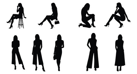 Fashionable Women Silhouettes in Various Poses on White Background