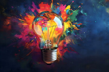 Colorful Artistic Lightbulb Exploding Vibrant Paint Splashes Creativity Illumination Inspiration
