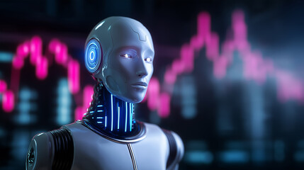 Futuristic humanoid robot with glowing neon details standing against digital charts and abstract data background.
