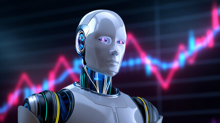 Futuristic humanoid robot with glowing neon details standing against digital charts and abstract data background.
