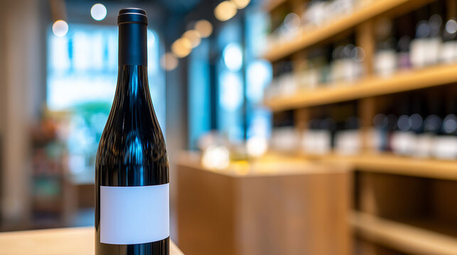 Elegant bottle of red wine with blank label standing on a marble counter in a luxurious wine store.
