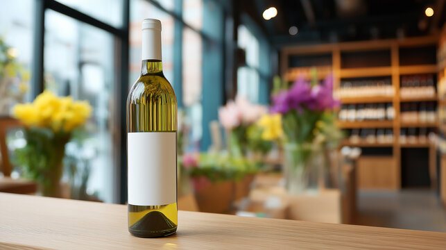 Elegant bottle of red wine with blank label standing on a marble counter in a luxurious wine store.
