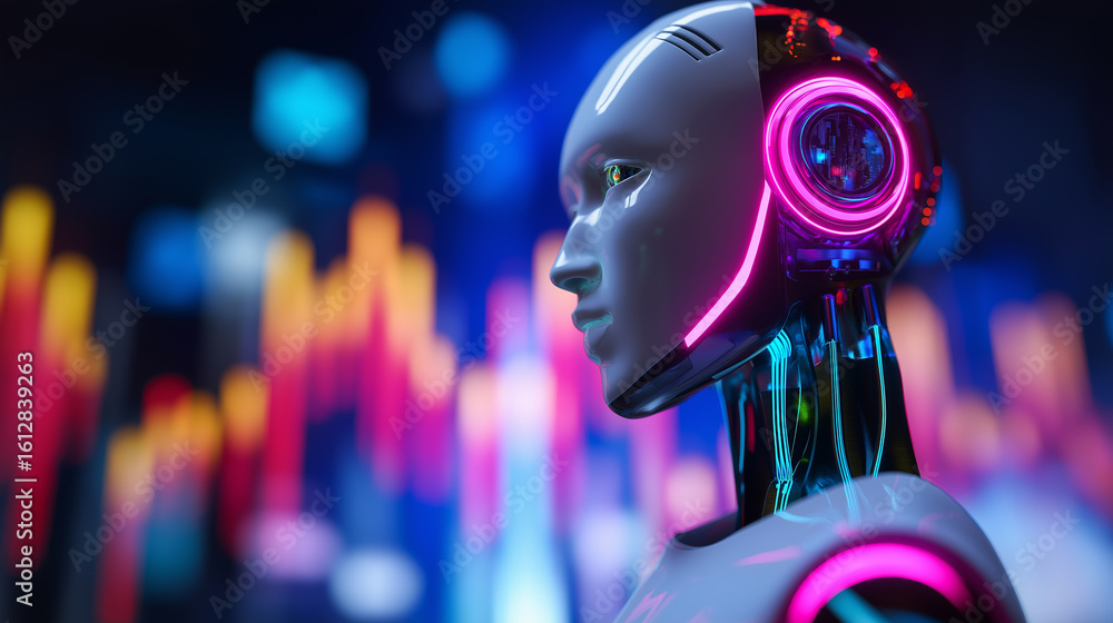 Poster futuristic humanoid robot with glowing neon details standing against digital charts and abstract dat