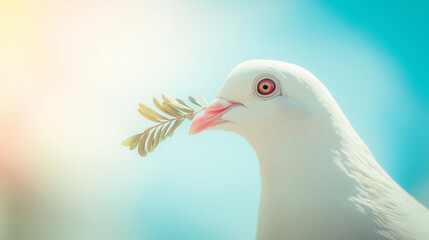 Obraz premium A white dove holding an olive branch, softly lit by golden sunlight, representing hope and harmony.