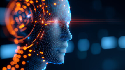 Futuristic humanoid robot with glowing neon details standing against digital charts and abstract data background.
