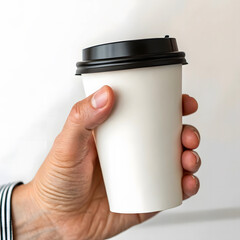 Hand Holding Blank Paper Coffee Cup with Black Lid