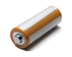 A single silver and orange aa battery isolated on a transparent background