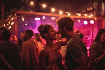 Couples enjoy dancing and drinking together at an evening party under twinkling lights in a lively outdoor setting