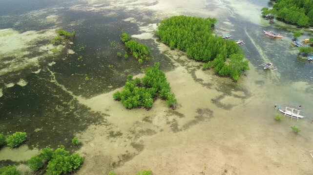 Wide drone pass shows Barimbing Beach tidal flats near San Jose, Palawan, where bright mangrove islands and resting bancas scatter across sandy seagrass patterns in clear lagoon water.