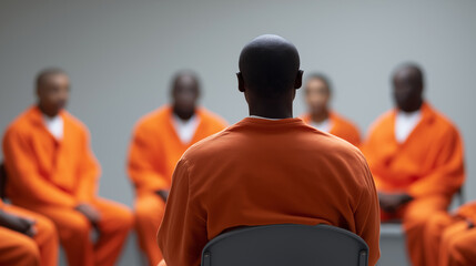 Inmates wearing orange uniforms sitting in a circle during a prison group therapy session.
