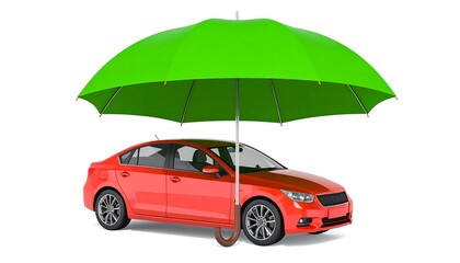 Red car protected by a green umbrella