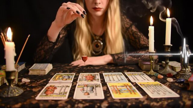 Woman performing tarot card reading at night
