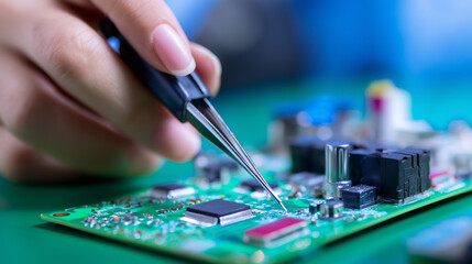 Technician examining a printed circuit board at a workbench surrounded by electronic tools and components.
