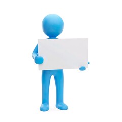 White stickman or mannequin holding and pointing at blank board, for presentation material, cartoon simple 3D rendering illustration, isolated on white background