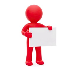 White stickman or mannequin holding and pointing at blank board, for presentation material, cartoon simple 3D rendering illustration, isolated on white background