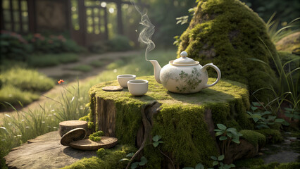 Abandoned tiny porcelain teapot and cups on a mossy tree stump with rising steam and copy space  