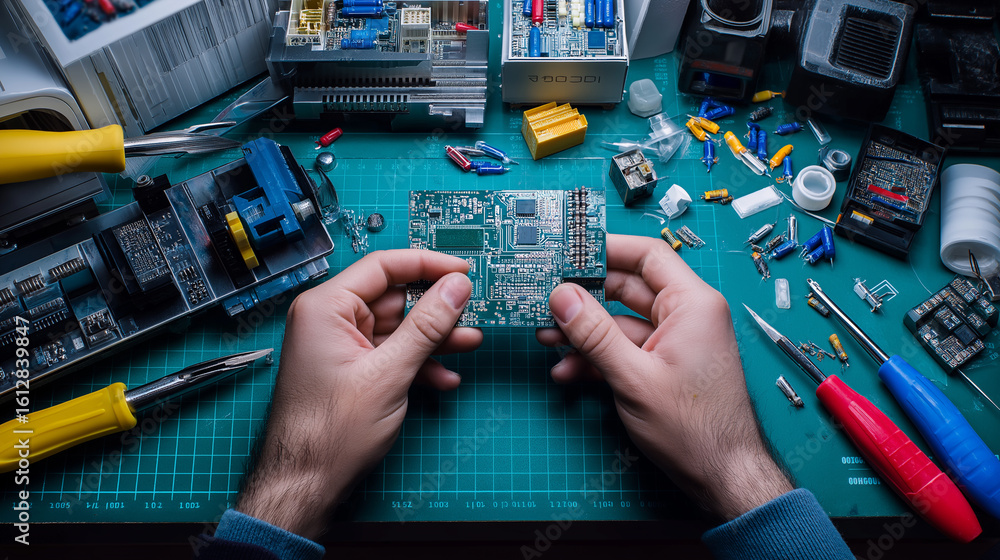 Poster technician examining a printed circuit board at a workbench surrounded by electronic tools and compo