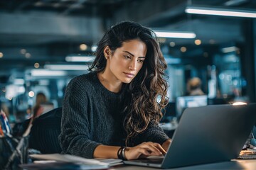 Focused financial specialist latin hispanic businesswoman working on laptop pc sitting at desk in modern office. Middle eastern or european woman using computer for finance data analysing work online