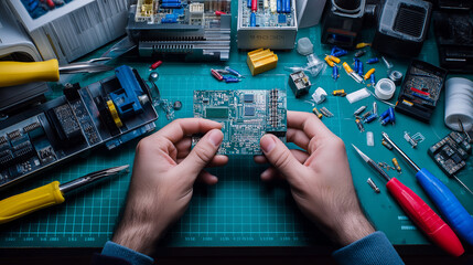 Technician examining a printed circuit board at a workbench surrounded by electronic tools and components.
