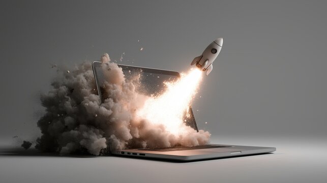 Dramatic Visualization of Digital Data Explosion Emerging from Laptop, Representing Innovation, Tech Breakthrough, and Rapid Growth.