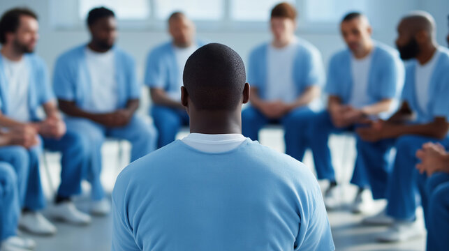 Group therapy session with men sitting in a circle and listening attentively.
