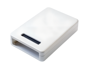 A simple white electronic device case with a slot, isolated on a transparent background